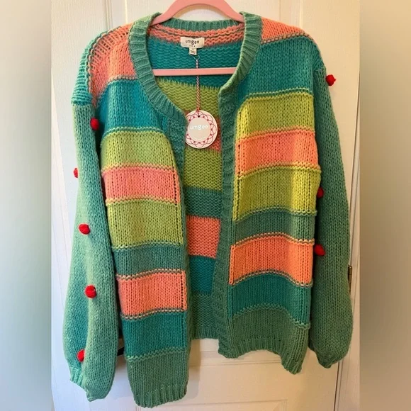 🆕 Umgee Women's Color Block Pom Pom Cardigan Sweater Multicolor Size S - Picture 1 of 6